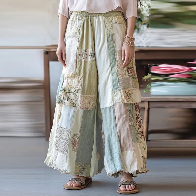 Vintage Floral Embroidered Patchwork Linen Blend Casual Pants