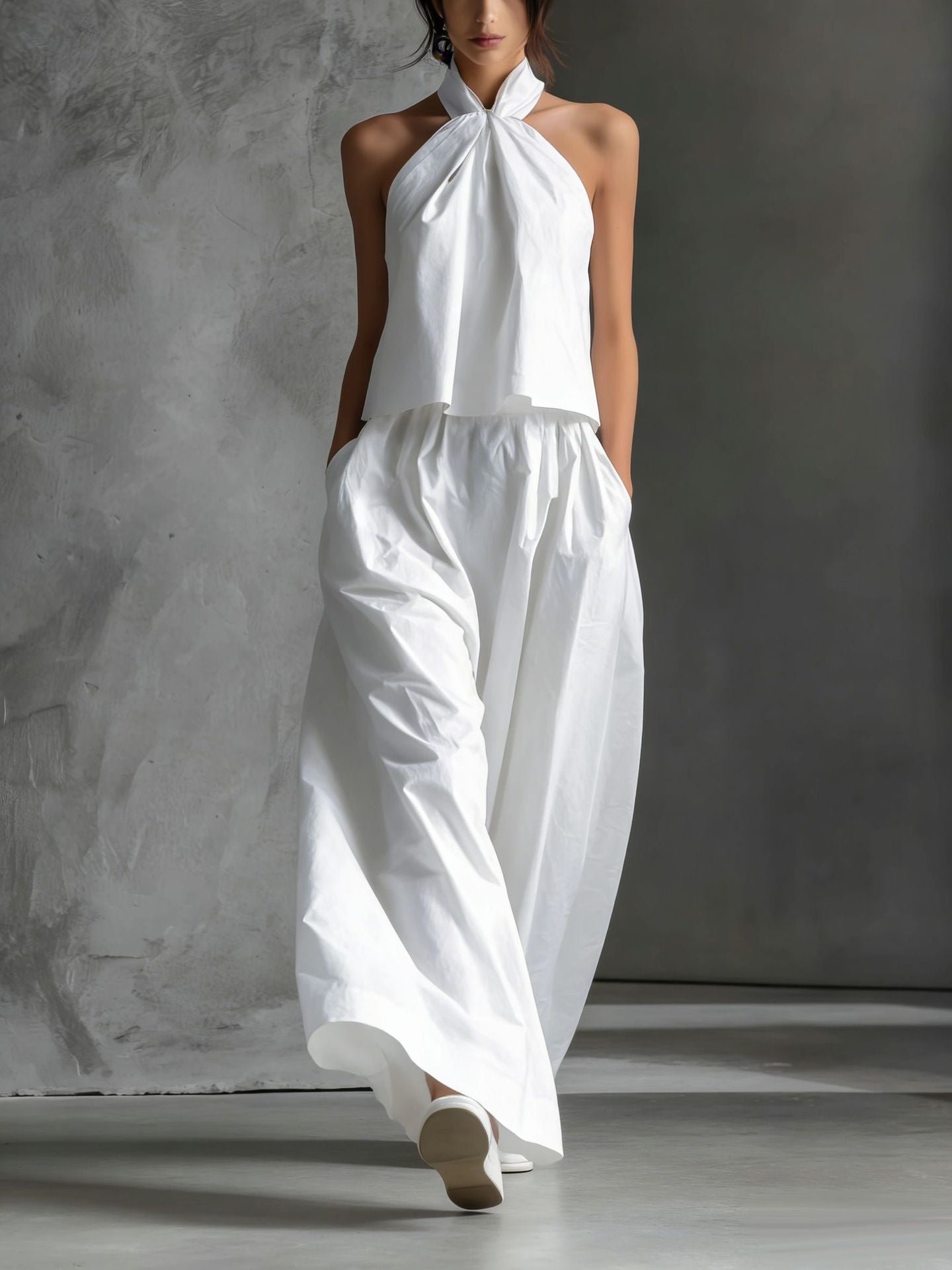 Minimalist Halter Neck Two-Piece Set - Chic Sleeveless Crop Top & High-Waisted Wide-Leg Pants Summer Suite