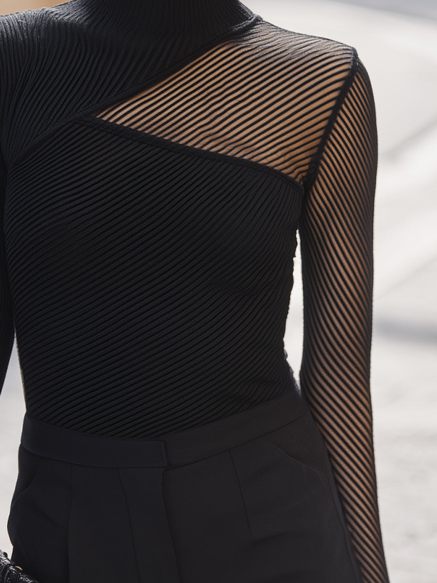 Mock Neck Asymmetric Mesh Panel Ribbed Knit Top