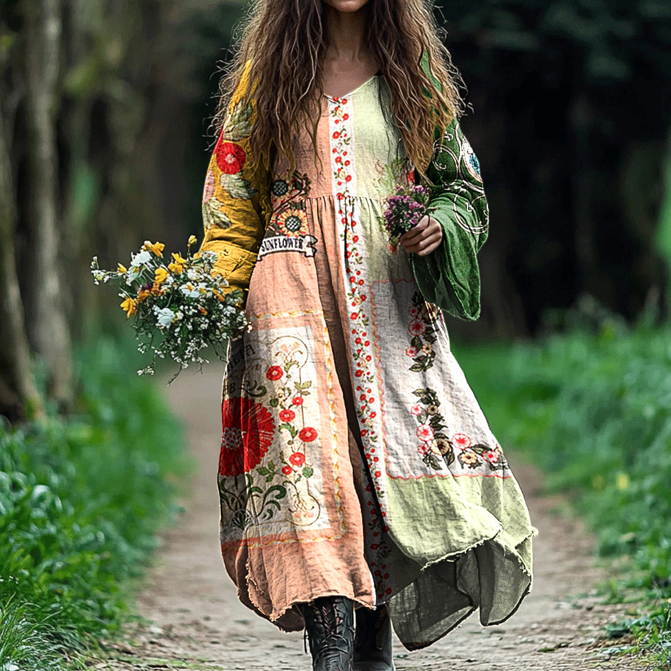 Women's Vintage Tribal Floral Art Cotton And Linen Dress 2912