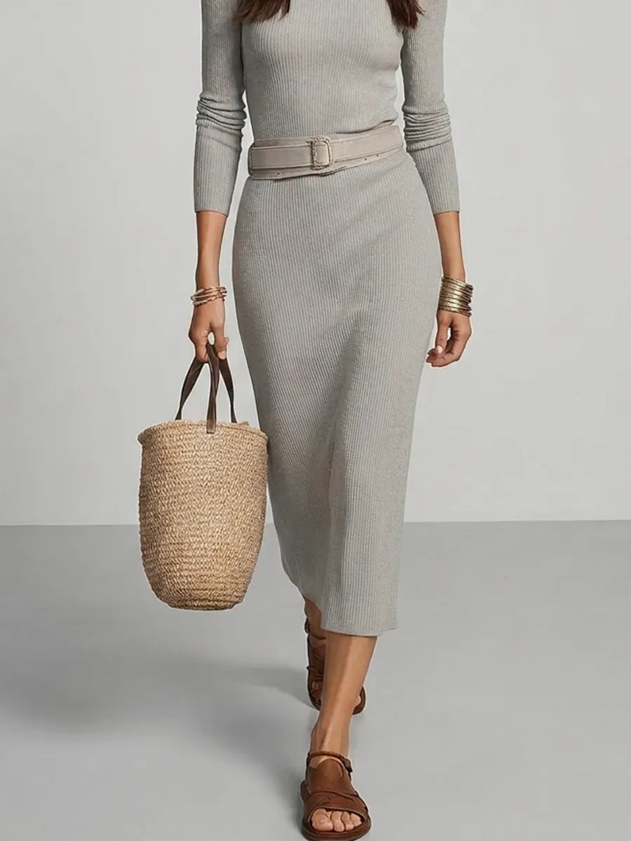 Soft Grey Ribbed Knit Midi Dress