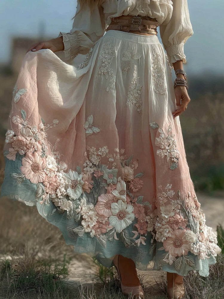 Women's Retro Floral Linen Blend Casual Midi Skirt