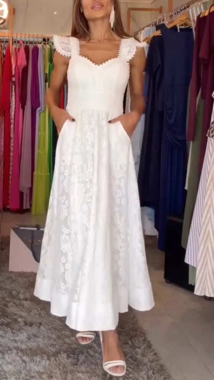 Lace Scallop Square Neck Pocket Flowy Maxi Wedding Dress