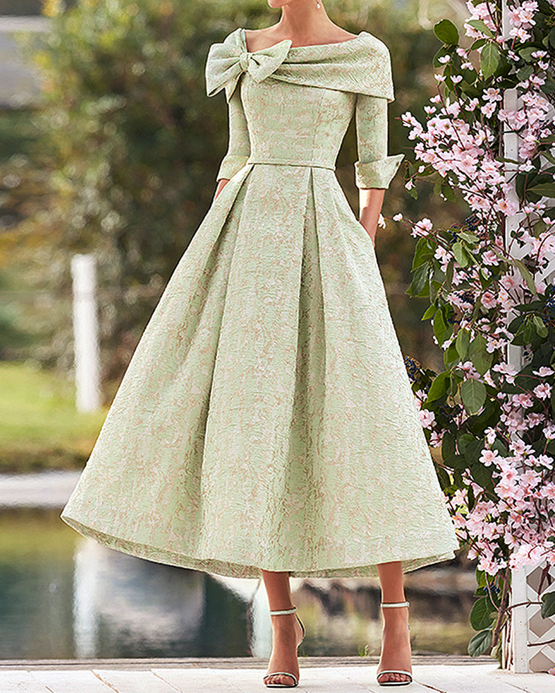 Women's Teal Jacquard Bow Brocade Midi Dress - 01