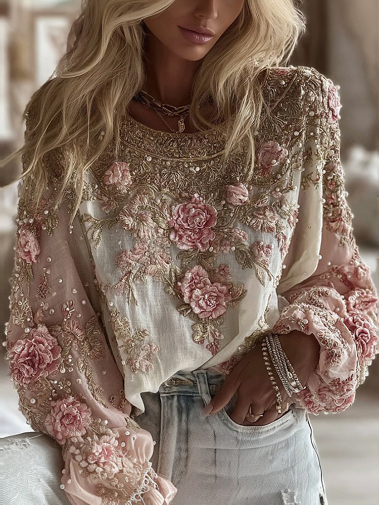 Women's Vintage Three-dimensional Flower Pattern Pink Long-sleeved Casual Top