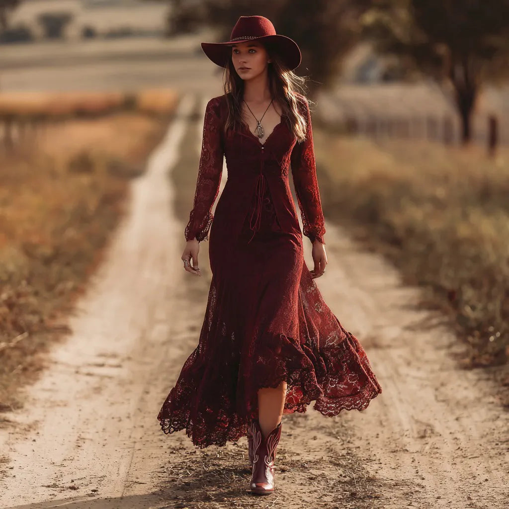 Women's Vintage Elegant Wine Red Lace Dress