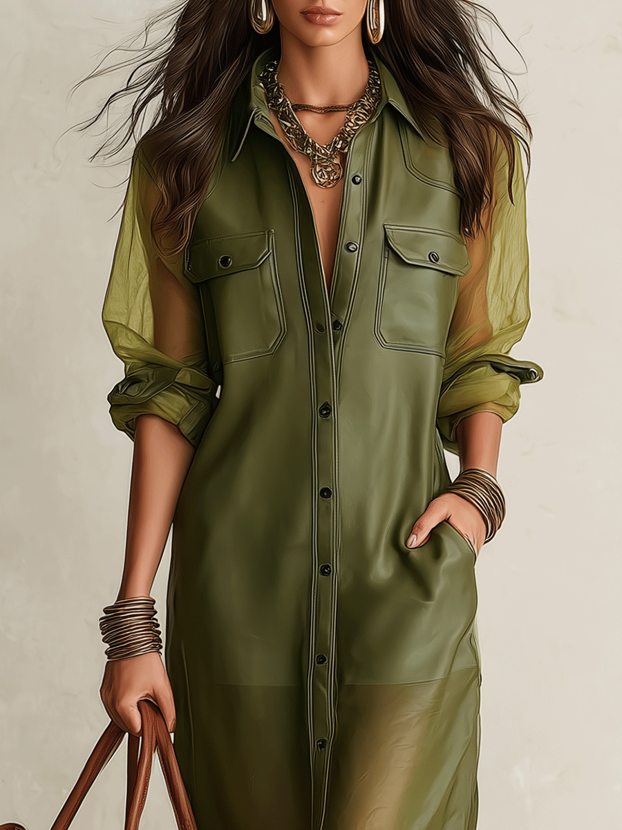 Sheer Olive Long-Sleeve Button-Front Shirt Midi Dress