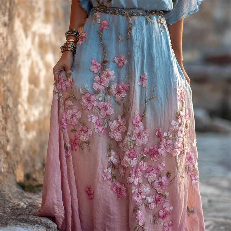 Boho Japanese Cherry Blossom Gradient Flowy Wide Skirt