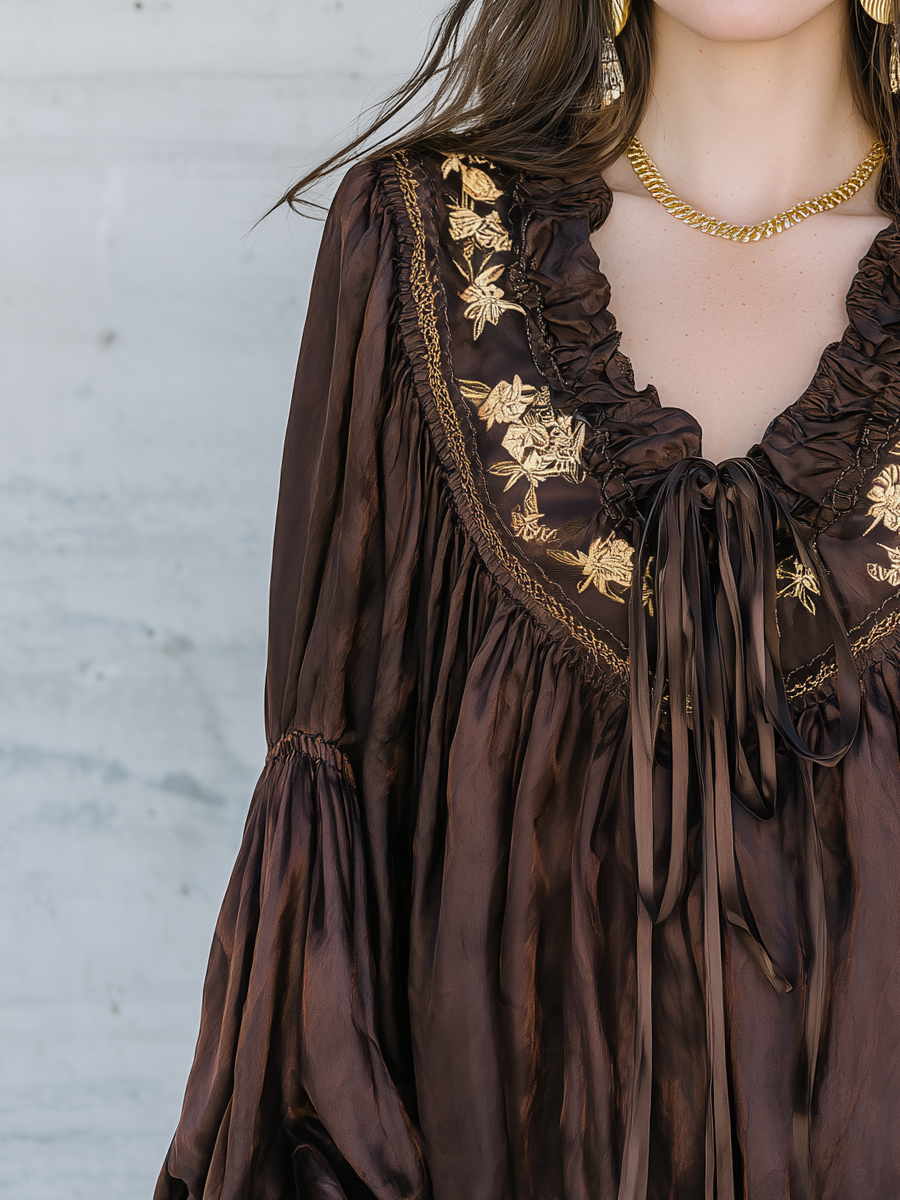 Romantic Dark Brown Embroidered Ruffle Blouse