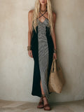 Effortless Evening Black Contrast Panel Halter Maxi Dress