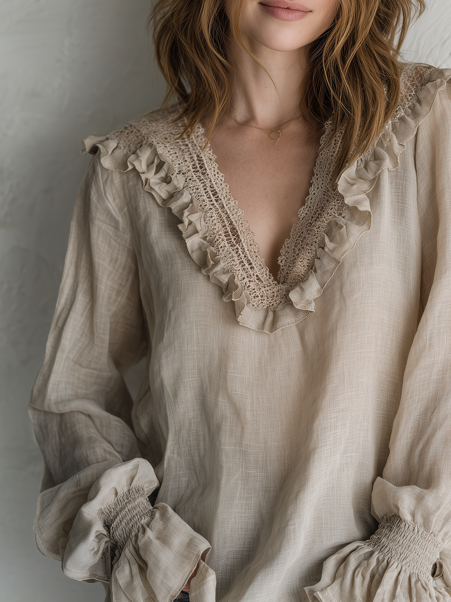 Bohemian Khaki Lace V-neck Shirt