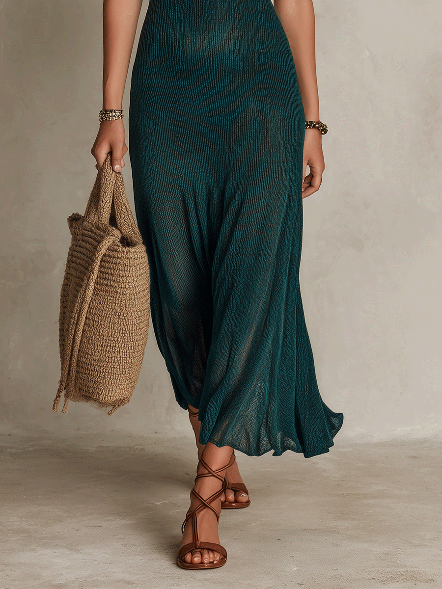 Elegant Forest Green Off-Shoulder Knit Maxi Dress