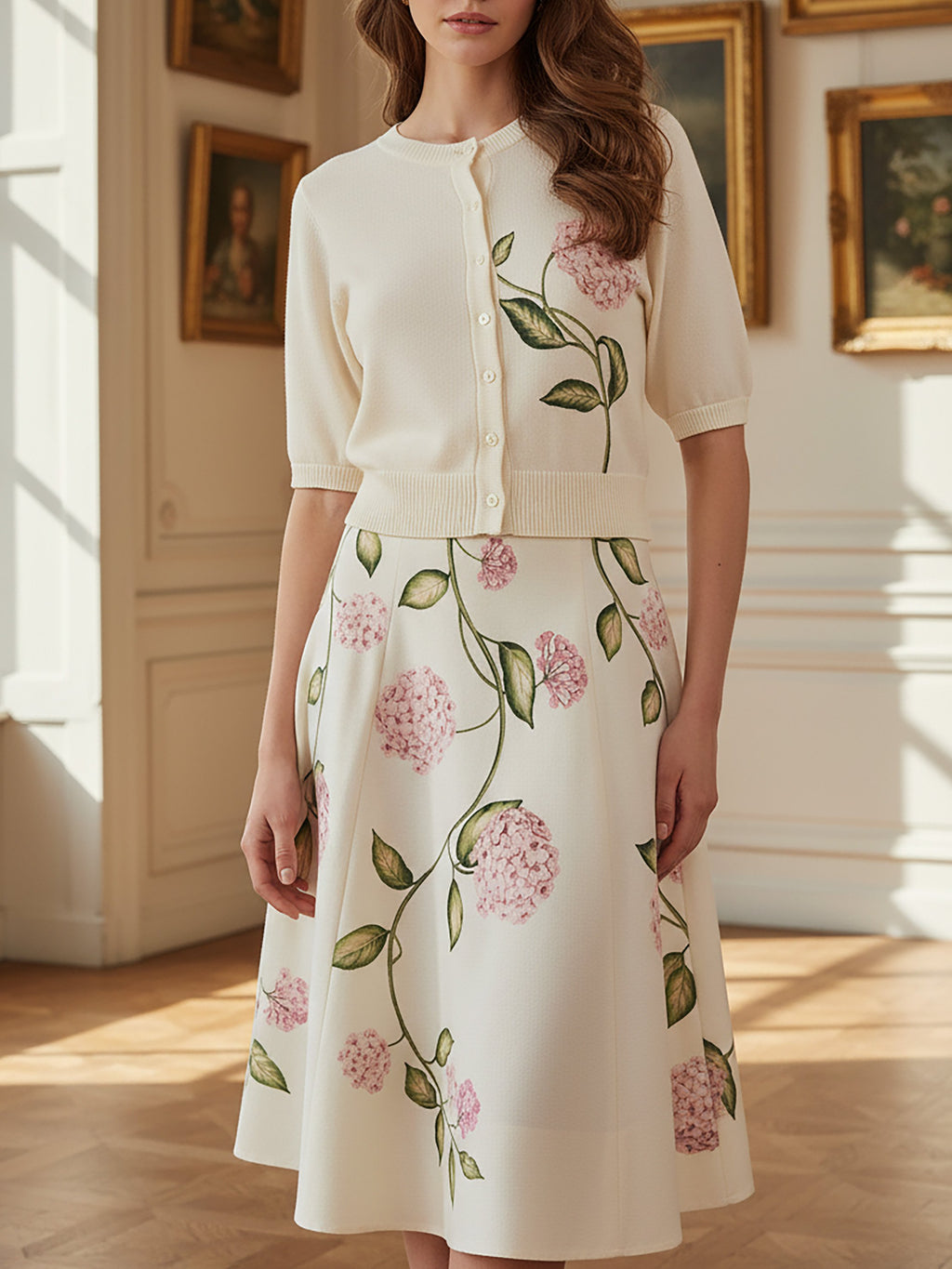 Midi Linen Skirt, Floral, Vintage, White