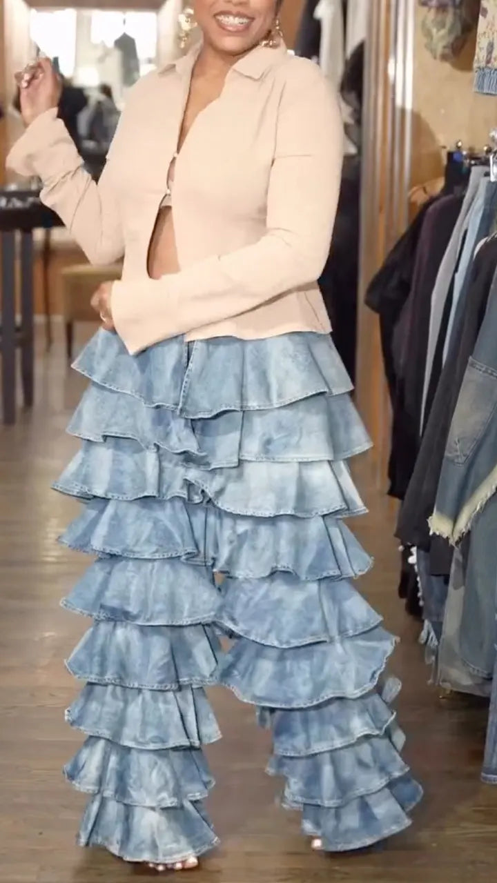 Light Blue Tiered Ruffle Denim Wide Leg Pants