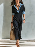 Refined Black Contrast Collar Midi Dress