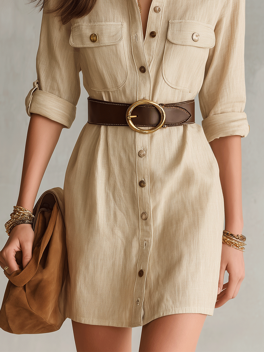 Effortless Coastal Elegance Linen Safari Button-Front Mini Dress（With A Belt）