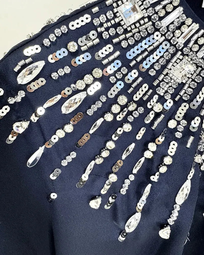 Embellished Cape Detail Maxi Dress Navy Blue