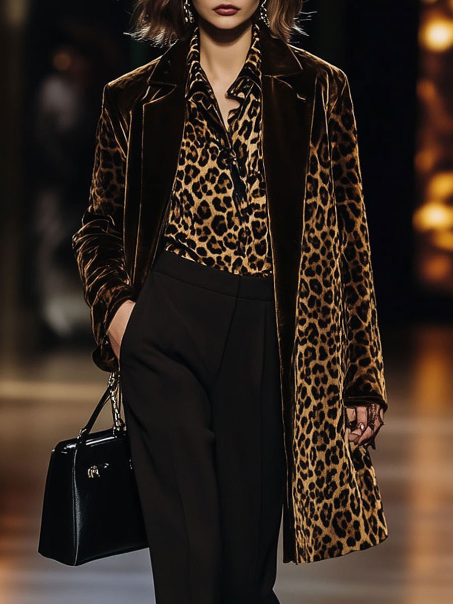 [24-hour shipping out]Casual Loose Vintage Velvet Leopard Print Colorblock Lapel Coat
