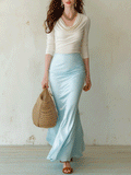 Elegant Luxe Cowl Neck Top With Ocean Mist Satin Maxi Skirt