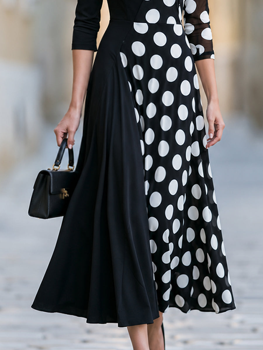 Asymmetrical Polka Dot Mesh Panel Midi Dress