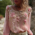 Vintage Boho Pink Flowers Lace Flowy Linen Tunic