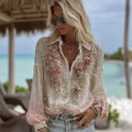 Women's Pink Rose Embroidery Art Linen Blend Shirt