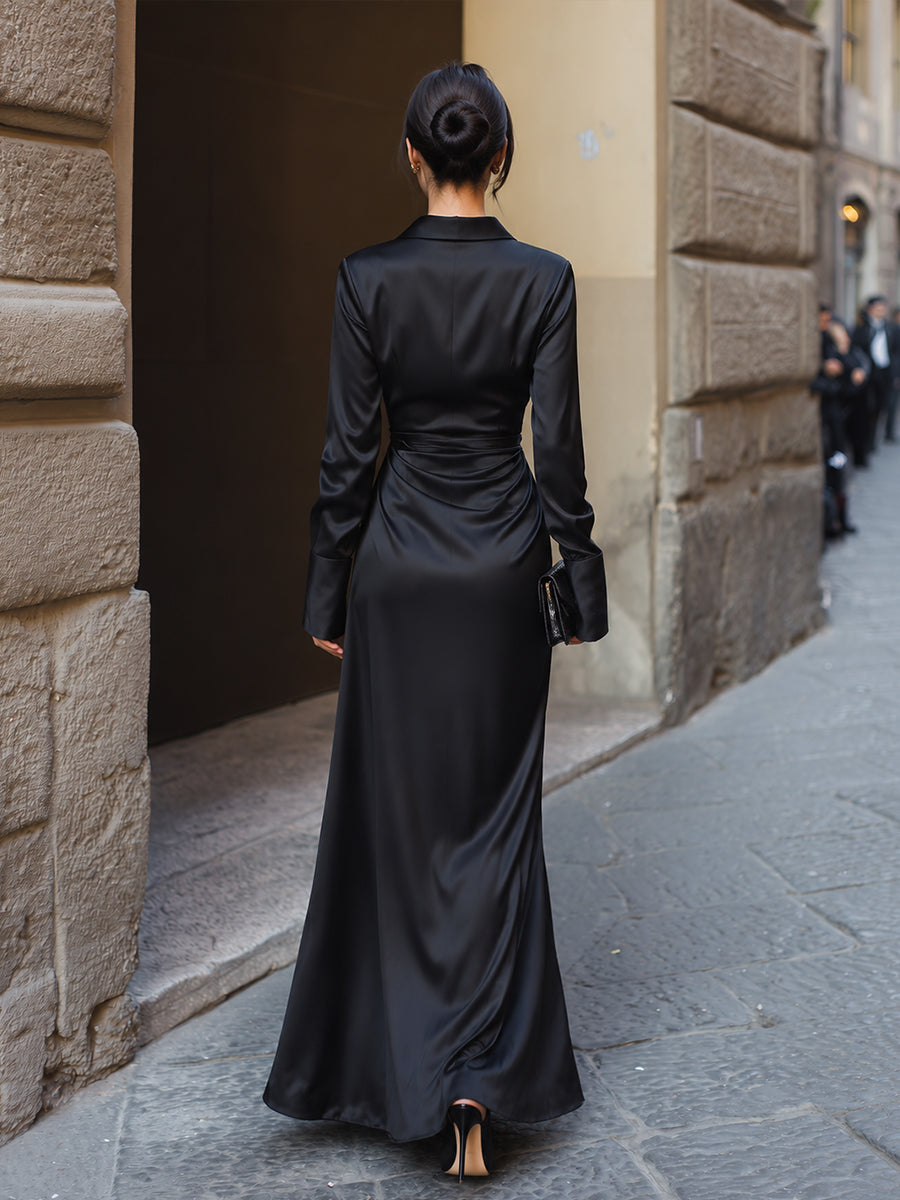 Collared Wrap-Front Tie-Waist Maxi Dress
