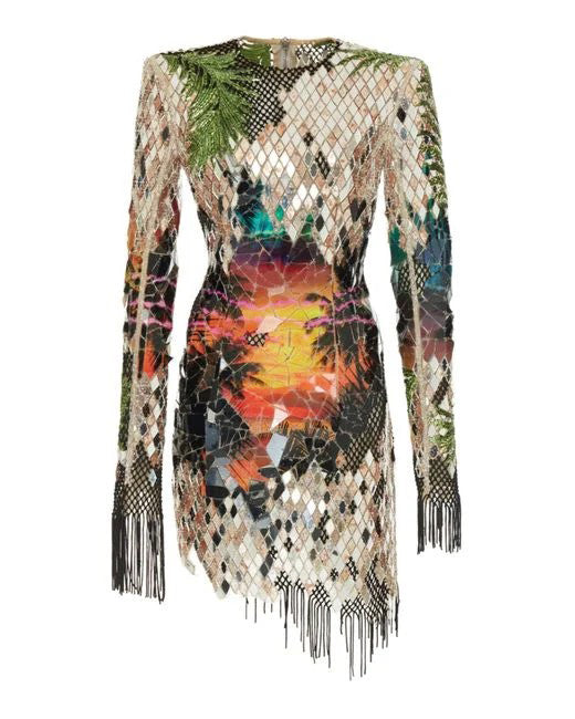 Elegant sequined landscape fringed mini dress