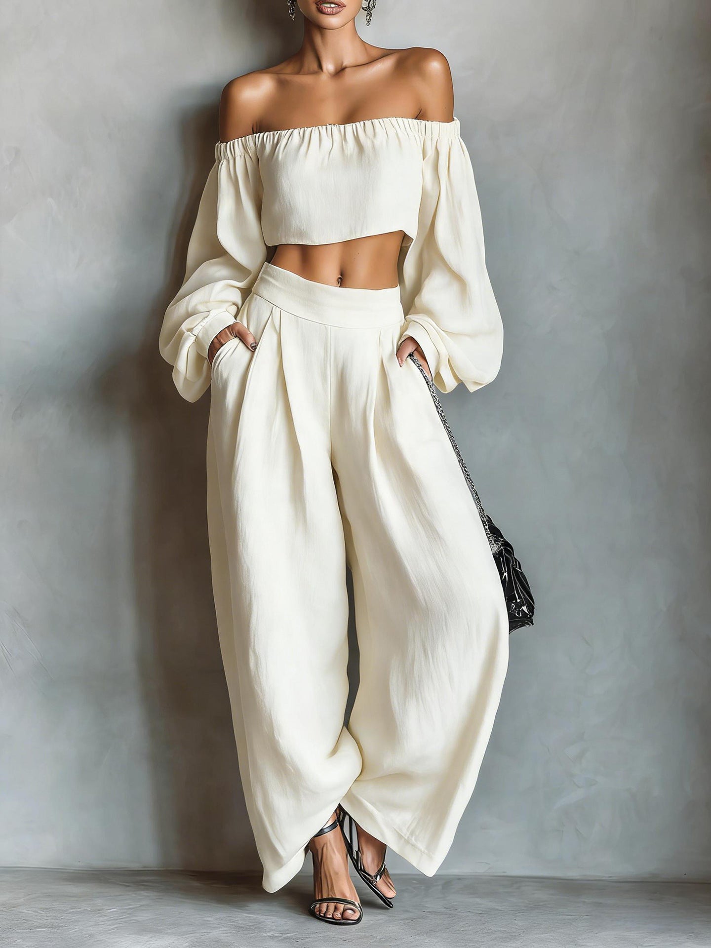 Gurtons Elegant Off-Shoulder Puff Sleeve Two-Piece Set - Flowy Wide Leg Pants Resort Wear