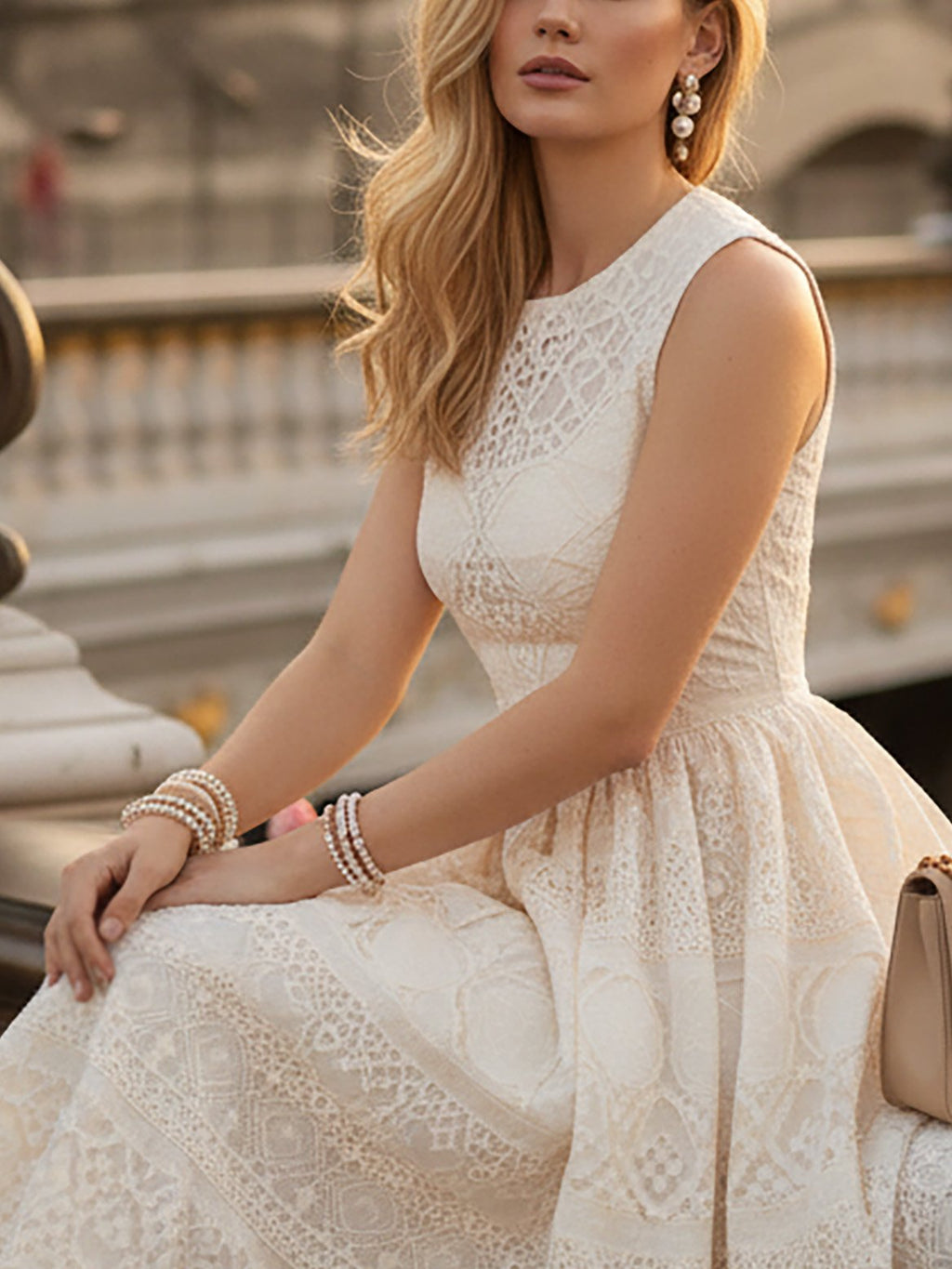 Elegant French Vintage Lace High-Waist Maxi Dress