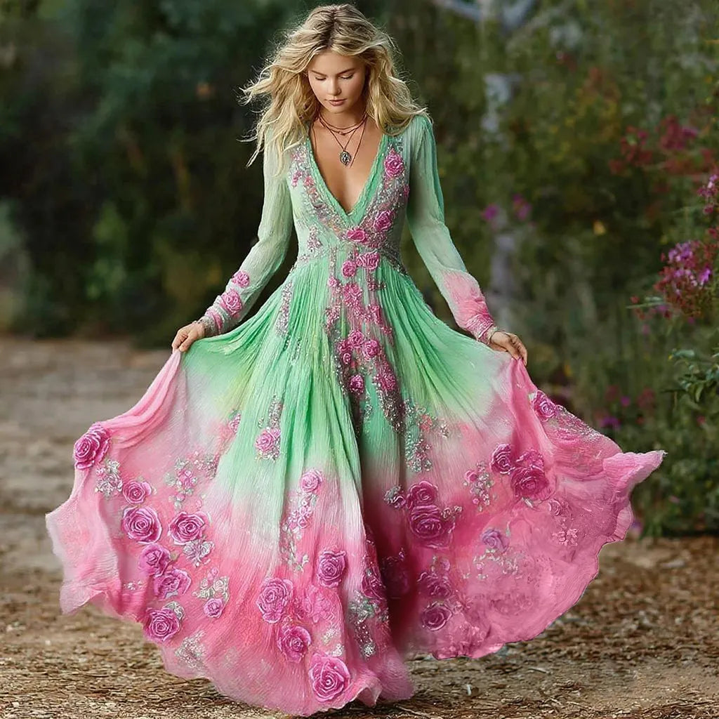 Women's Vintage Purple Rose Art Pattern Gradient Long Sleeve Dress