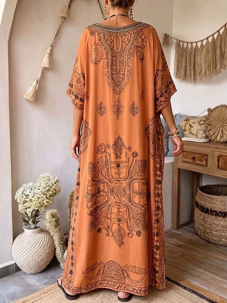 Women's Casual Loose Cotton-linen Dress With Placement Print V-neck, And 3/4 Sleeves