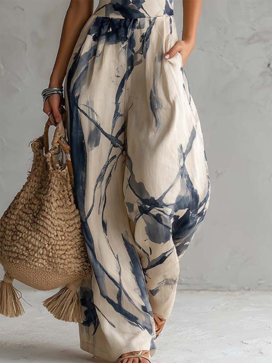 Retro-elegant Ink Wash Print Jumpsuit