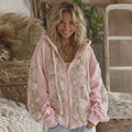 Women's Vintage Pink Rose Embroidery Cozy Warm Zipper Hoodie