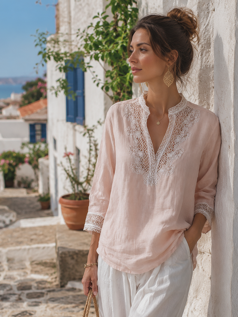 Delicate Blush Lace Trim Linen Blouse