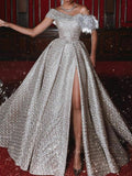 Wedding Short Sleeves Shiny Feathers Split-Side Princess Maxi Dresses