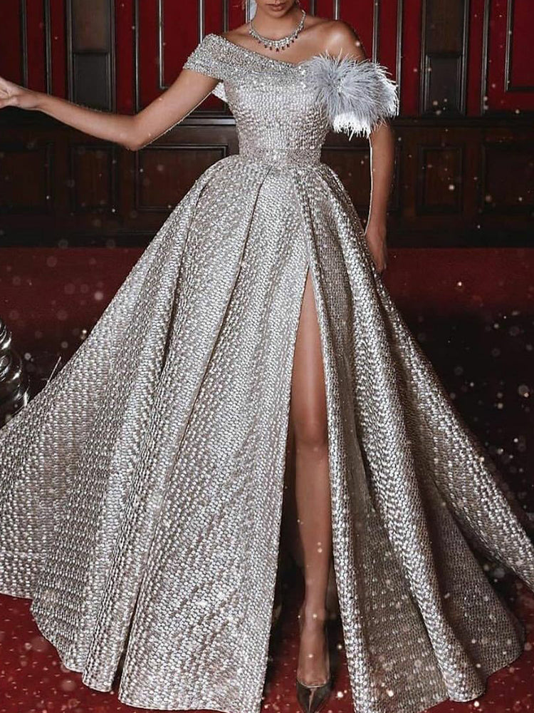 Wedding Short Sleeves Shiny Feathers Split-Side Princess Maxi Dresses