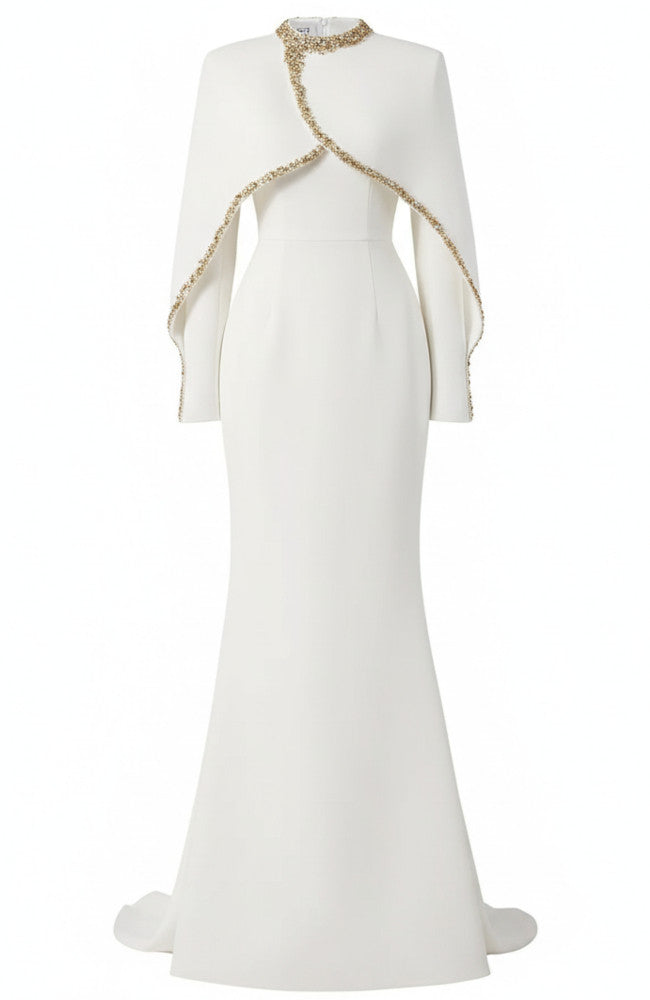 Cape Long Sleeve Embellished Maxi Dress White