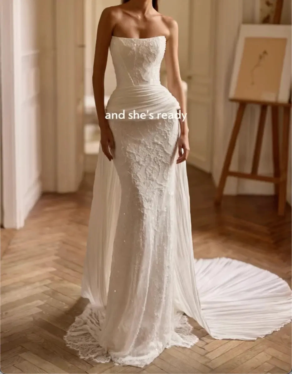 Strapless Sequin Lace Mermaid Wedding Dress Draped Waist Sash With Pleated Long Train Bridal Gown