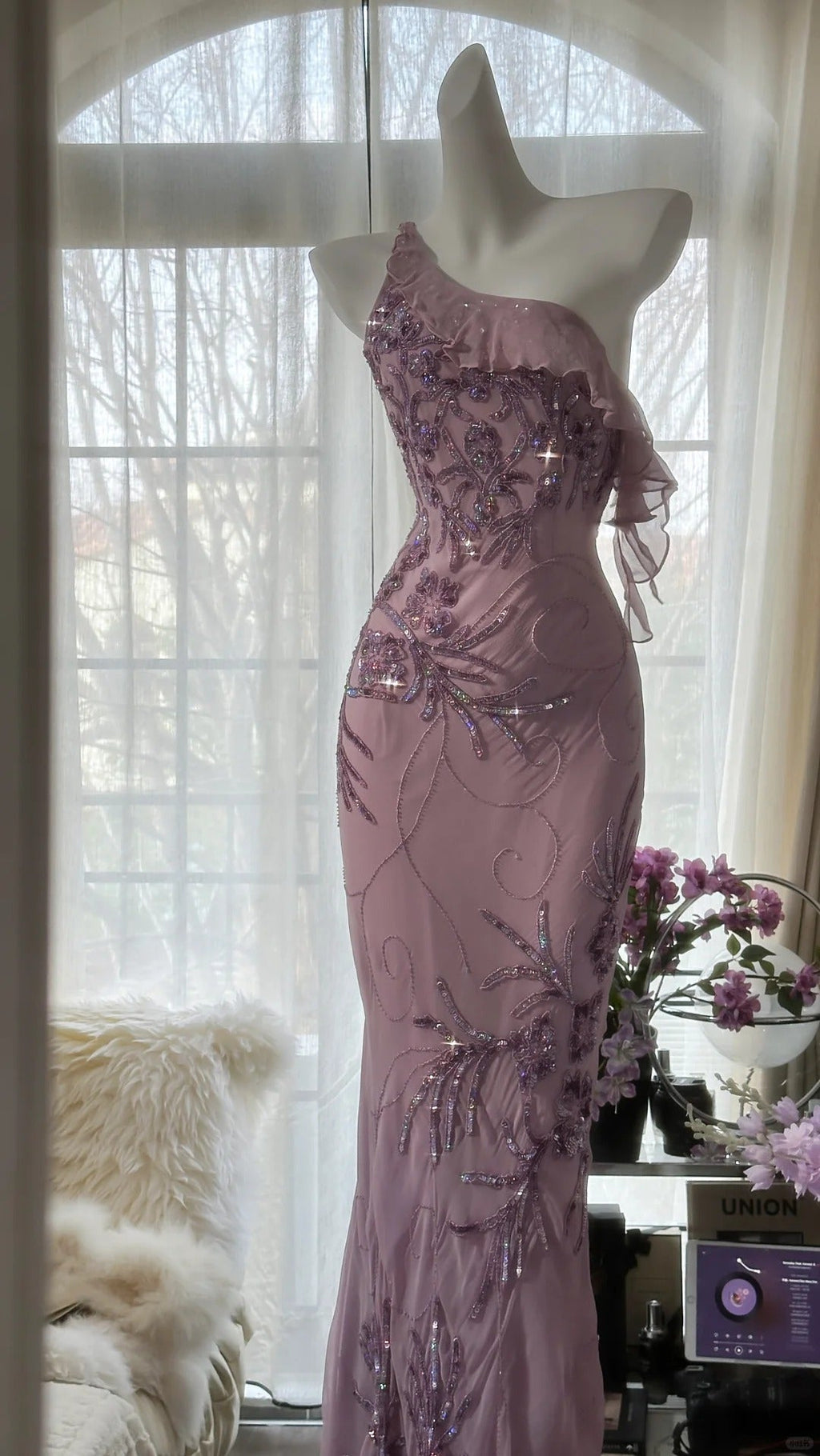 Pink Purple Romantic One Shoulder Fashion Elegant Exquisite Floral Beading Long Chiffon Ball Gown Evening Dress Birthday Holiday Party Dress Prom Dress 4012