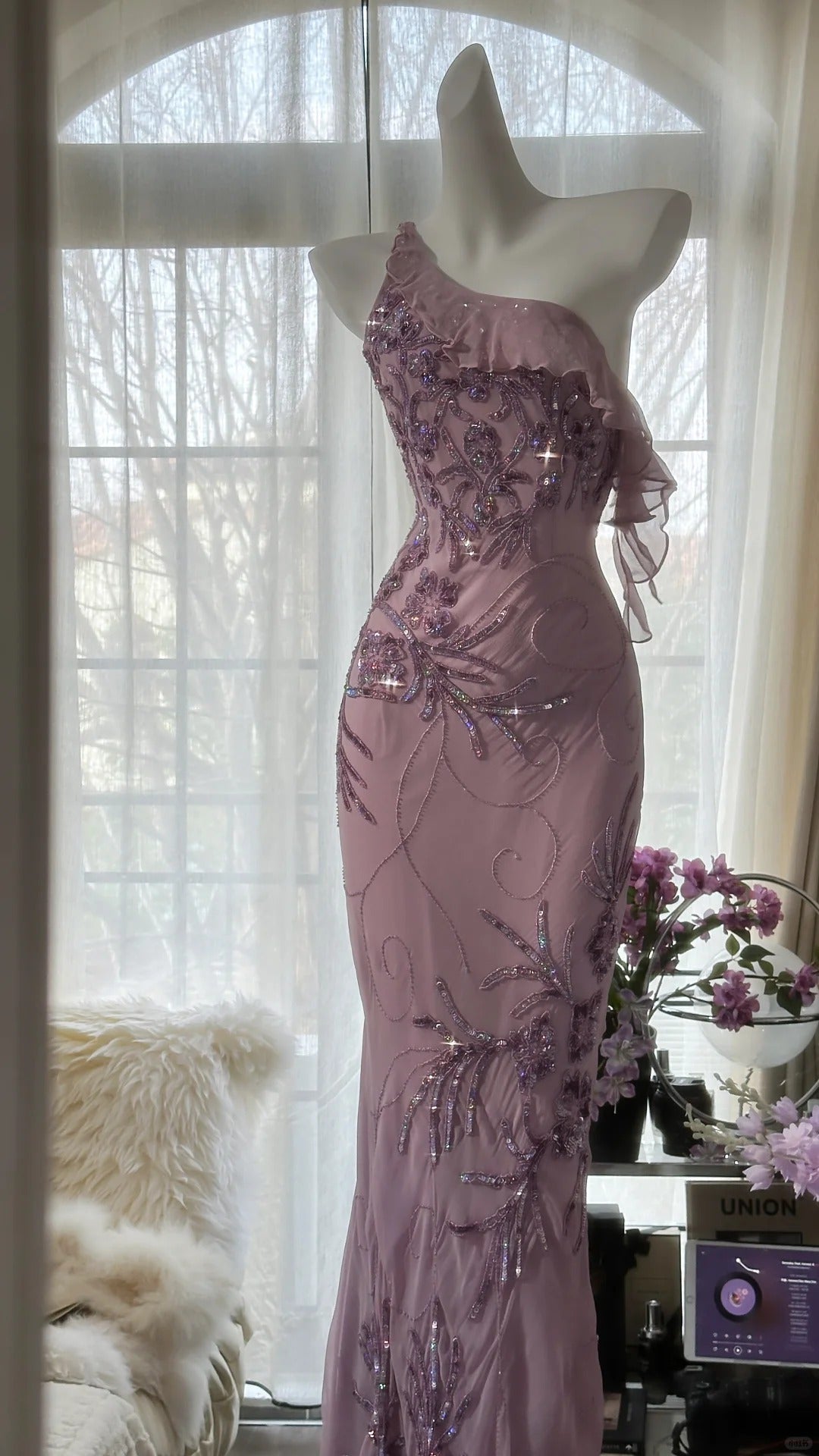 Pink Purple Romantic One Shoulder Fashion Elegant Exquisite Floral Beading Long Chiffon Ball Gown Evening Dress Birthday Holiday Party Dress Prom Dress 4012