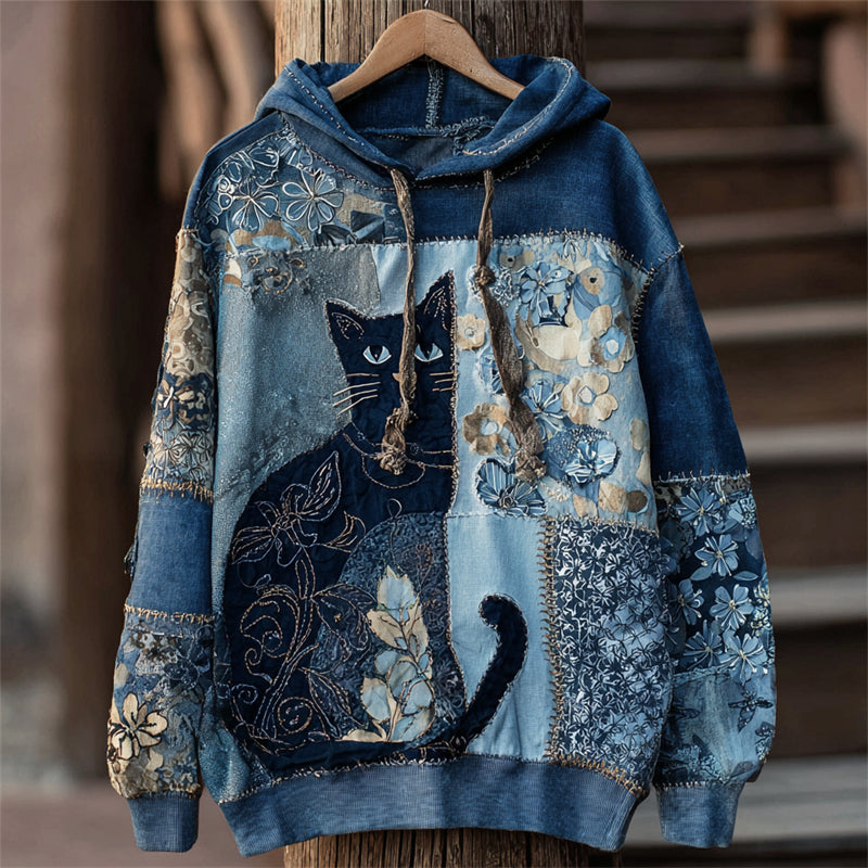 Lovely Cat Boho Floral Lace Patchwork Washed Hoodie