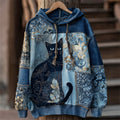 Lovely Cat Boho Floral Lace Patchwork Washed Hoodie