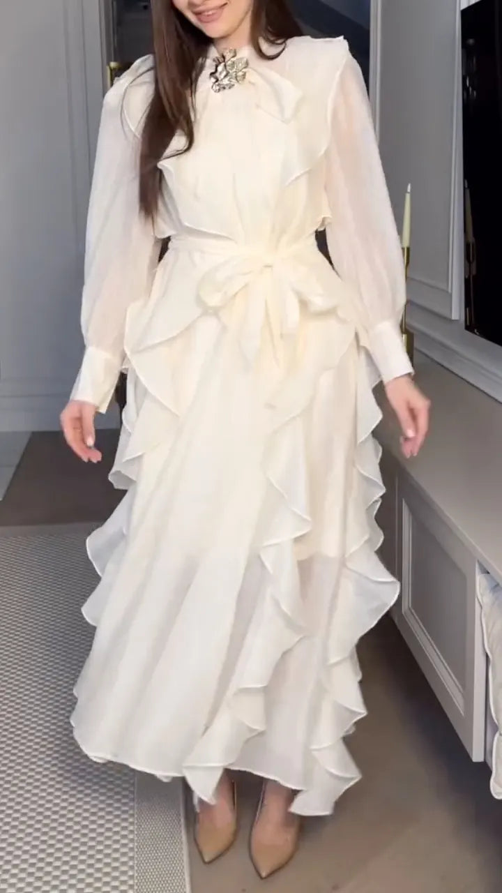 White Sheer Ruffled Tie‑Waist Maxi Dress