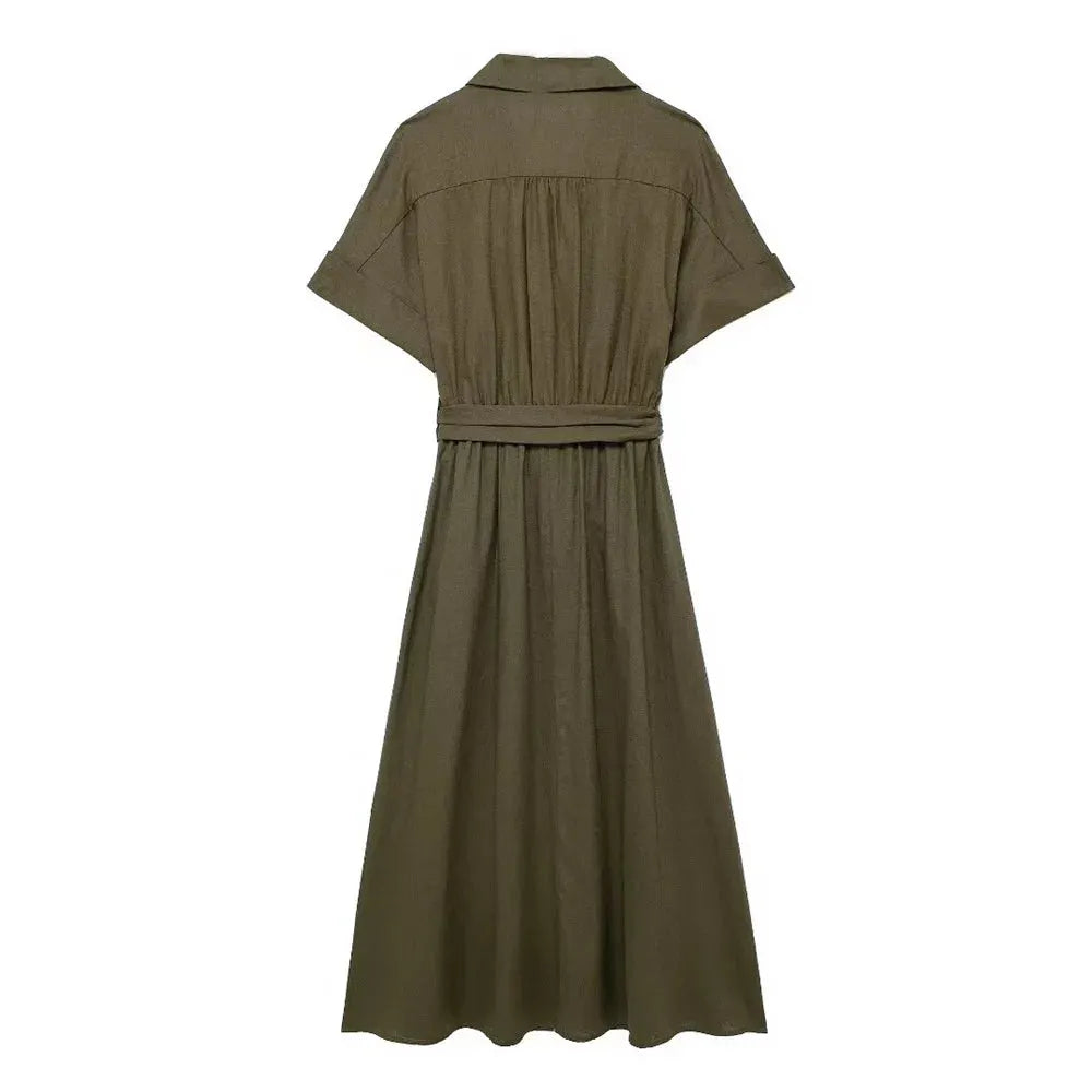Lunira Belted Shirt Midi Dress – Short Sleeve Summer Shirt Dress in Khaki Green and Soft Beige