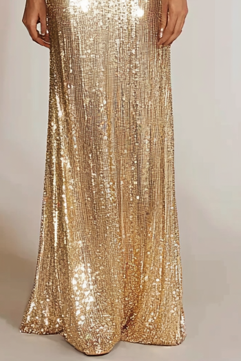 Formal Evening Gold V-Neck Sequins Maxi Dress