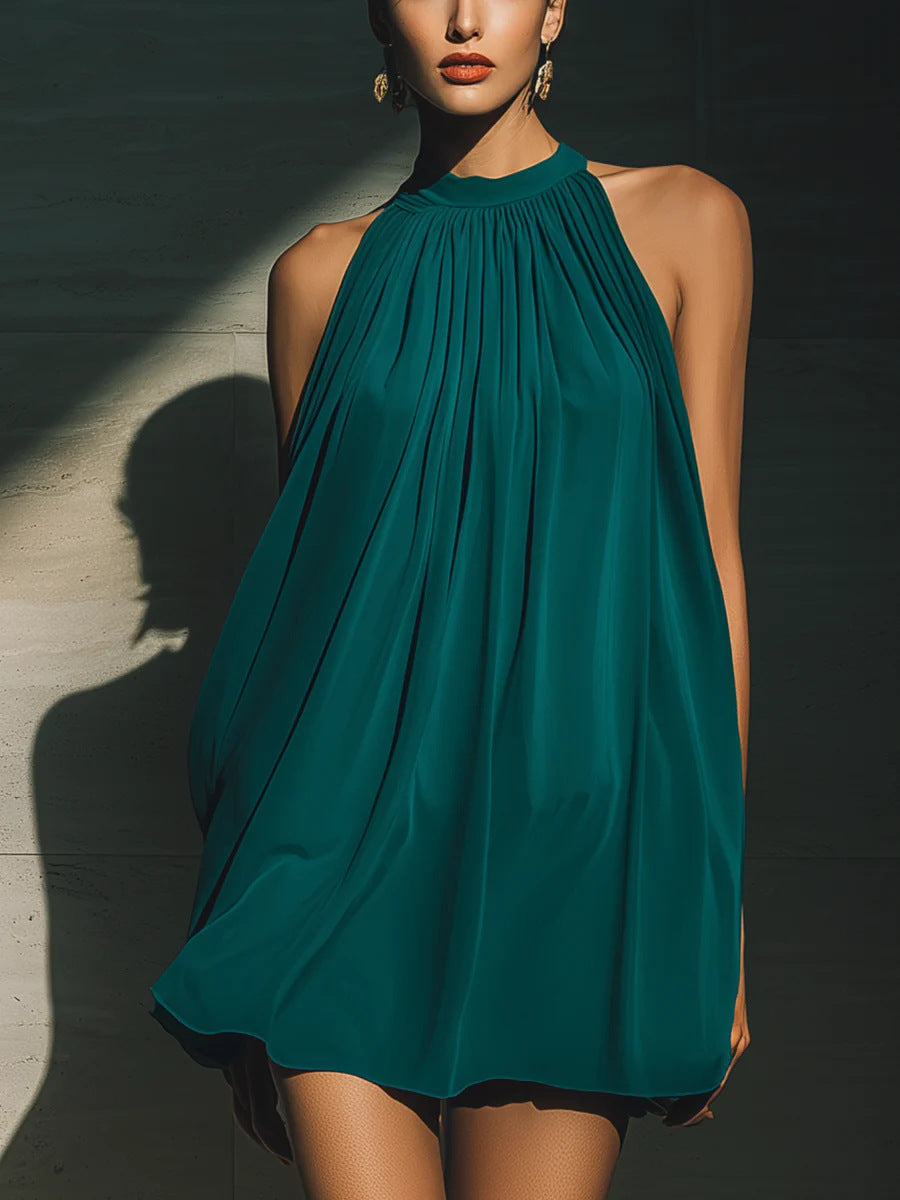 Women's Elegant Halter Neck Pleated Mini Dress - Silk-Touch Loose Flowy Party Swing Dress
