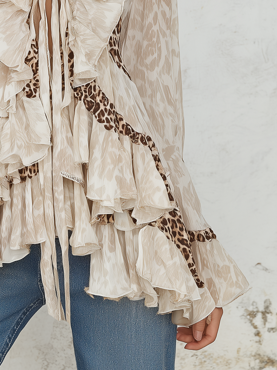 Romantic Ruffled Leopard Print Tie Front Blouse