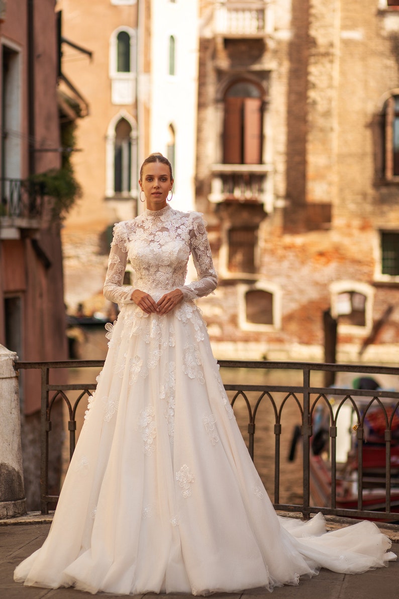 A-line wedding dress 5411,Cathedral wedding dress,3D lace wedding dress,Long sleeves wedding dress, High neck wedding dress