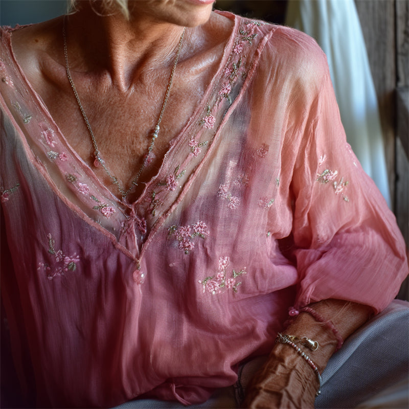 Vintage Pink Floral Embroidered Flowy Gradient Linen Tunic